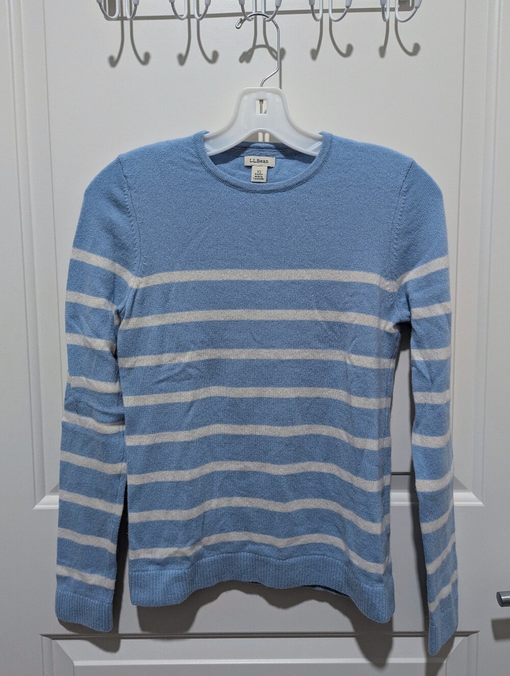 L.L.Bean 100% Cashmere Blue & White Striped Crewneck Sweater